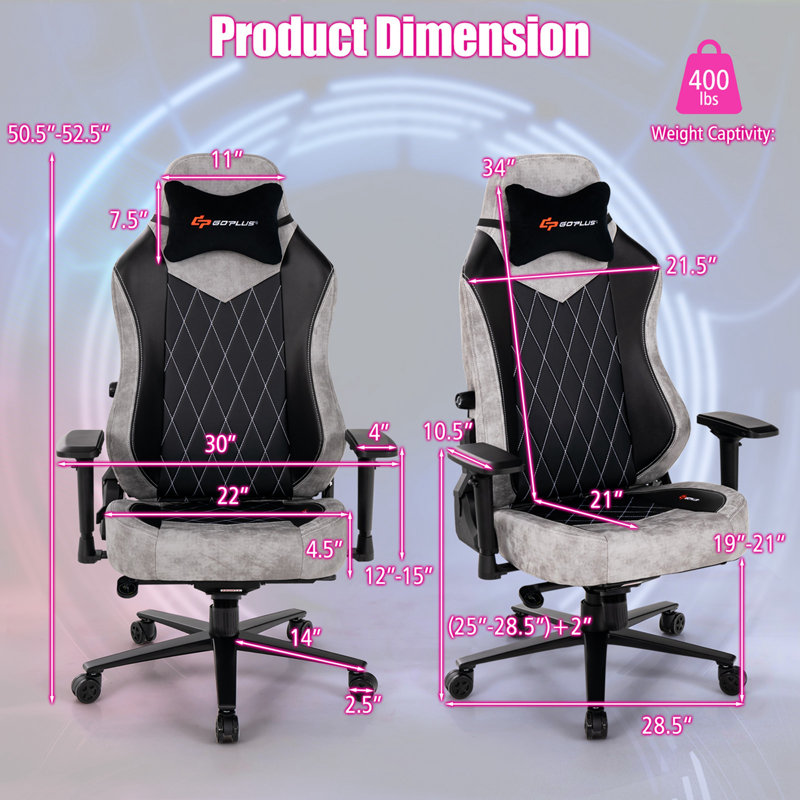 Goplus Gaming Chair 360° Swivel Computer Reclining Height Adjustable 4d Armrest Grey