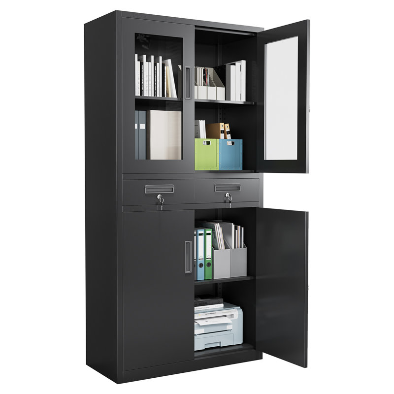 Armoire de rangement verrouillable en métal avec portes en verre - 71 pouces de hauteur, 2 tiroirs, 2 tablettes réglables, poignée encastrée, étanche, gestion des clés commerciale - noir