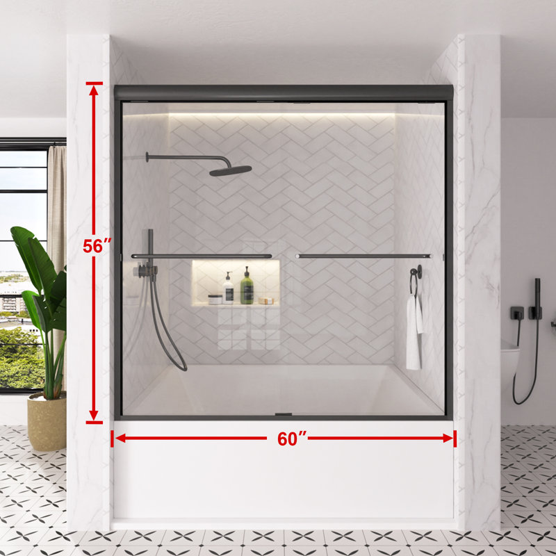 Shine 60 In. W X 56 In. H Semi-Frameless Sliding Tub Door In Matte Black With 1/4 In. Clear Tempered Glass, Matte Black