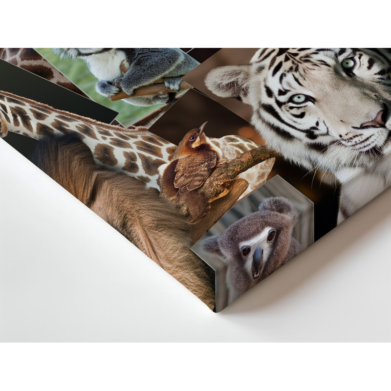 Toile, "Un collage vibrant de divers animaux remplit la scène", H 18 po x l 24 po