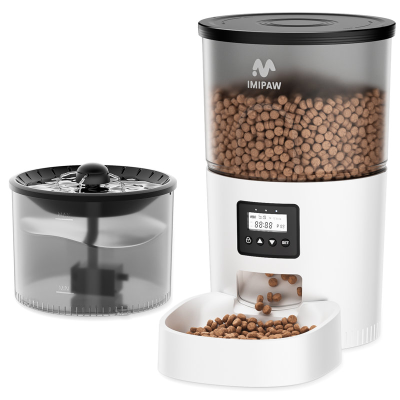 IMIPAW Automatic Cat Feeder and Water Fountain, Timed Dry Food Dispenser, Programmable Portion Control, 1-6 Meals Per Day, Desiccant Bag, Cat Fountains for Drinking with Filter, Small Pets (3L Combo)
