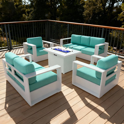 Modern Outdoor Aluminum 5-piece Conversation Set With Firepit Table
