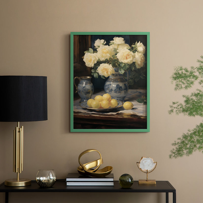 Imprimé floral rétro encadré CCVII - bois massif, H 15 po x l 12 po, Vert