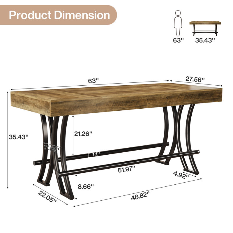 63" Counter Height Dining Table, Tall Kitchen Bar Table, Dark Brown