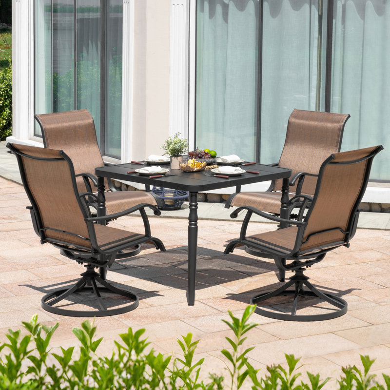 Patio 5-piece PVC-coated polyester Swivel Dining Set With Umbrella Hole, 5 Pieces: Table, 4 Chairs