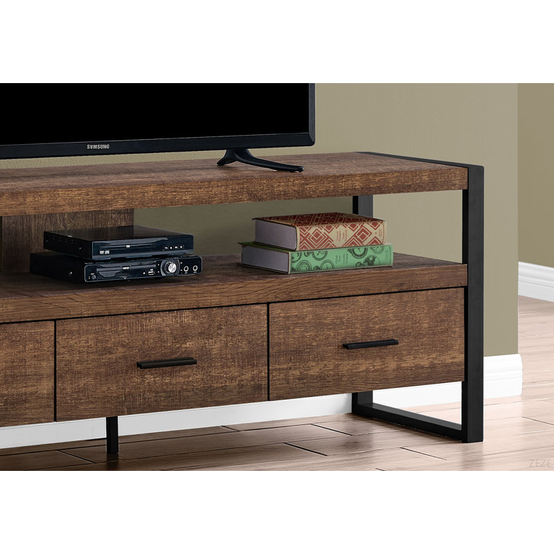 Tv Stand, 60 Inch, Console, Media Entertainment Center, Storage Drawers, Living Room, Bedroom, Brown Laminate, Black Metal, Contemporary, Modern