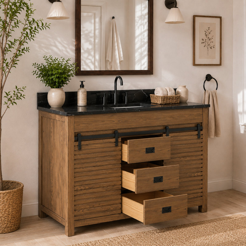 Kaeron Freestanding Single Sink Bathroom Vanity With Sliding Barn Door And Sintered Stone Top, Single
