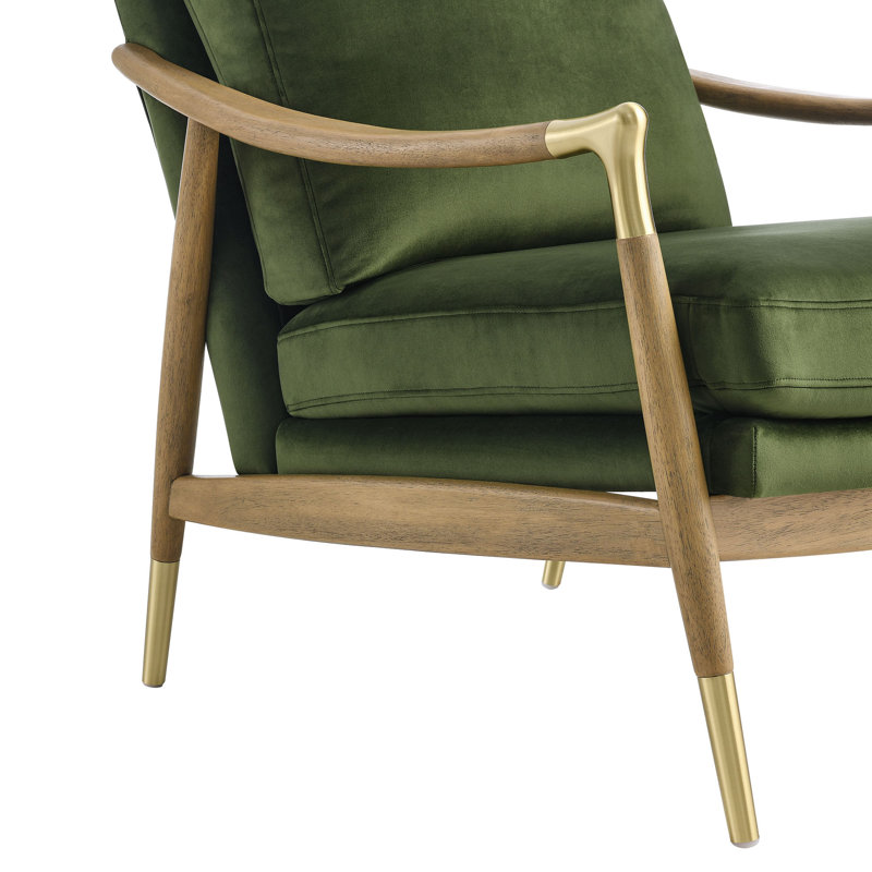 Moss Green Velvet Barrel Accent Chair with Walnut Wood Frame