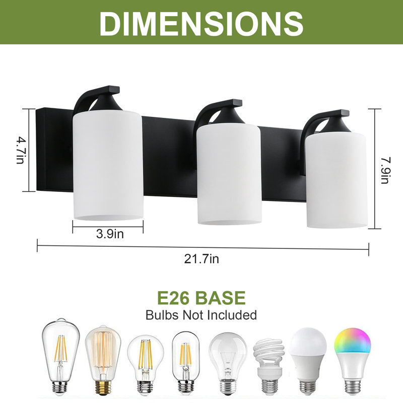 21.7in 3-Light Matte Black Bathroom Vanity Light with Milk White Glass Shades