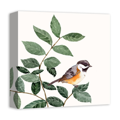 «Watercolor Bird Perché on Leaves», reproduction d'art sur toile tendue