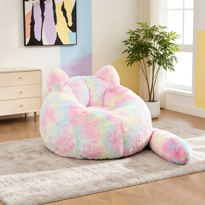 41.7" W Cat‑Shaped Faux Fur Bean Bag Chair, Fluffy Boneless Single Sofa with Detachable Tail Pillow, Foam‑Filled Cute Floor Accent Chair for Living Room Bedroom Dorm Apartment