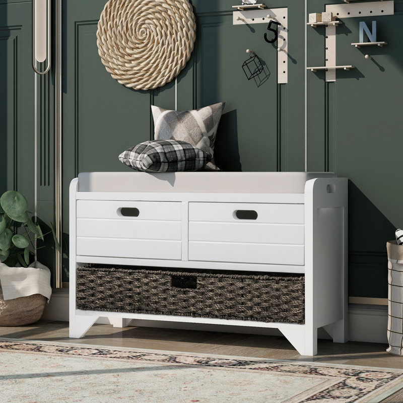 Banc de rangement avec panier amovible et 2 tiroirs, Blanc