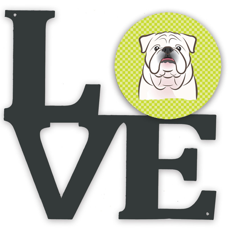 Décoration murale en métal love damier, Vert lime, Bouledogue anglais blanc