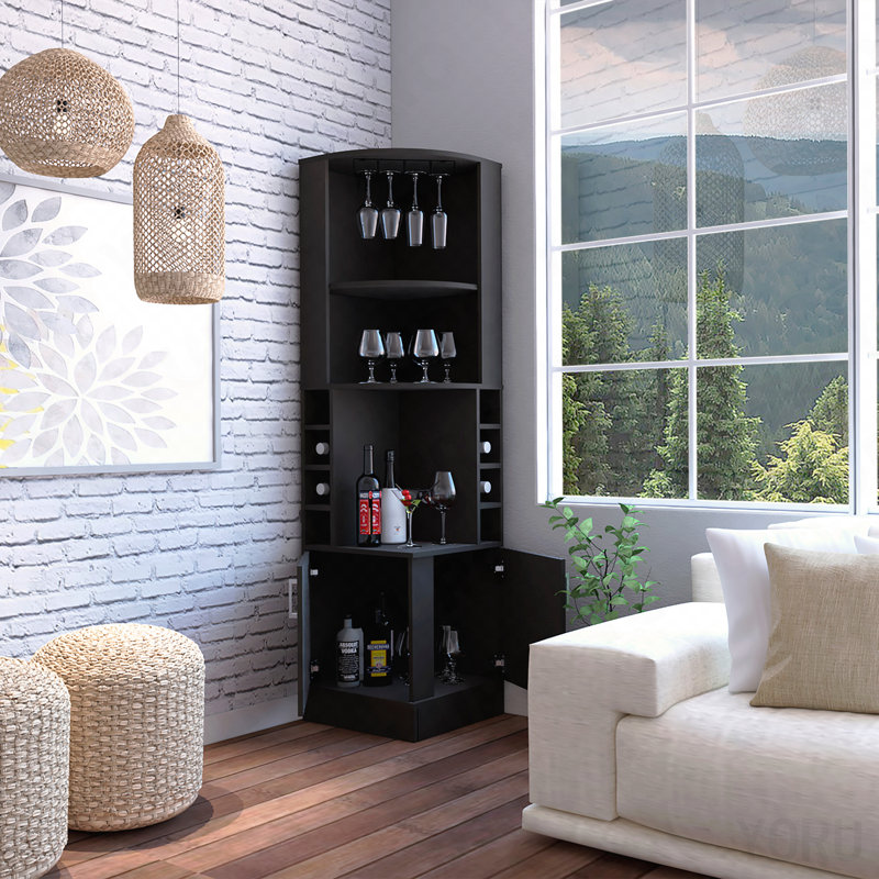 Armoire de bar d'angle, support en verre, 2 portes, support à vin pour 8 bouteilles - noir