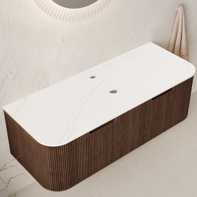 Armoire murale en contreplaqué Dina de 36 po avec comptoir en pierre frittée blanc de Carrare, un tiroir, sans lavabo, sans robinet ni drain, couleur grain de bois noyer foncé