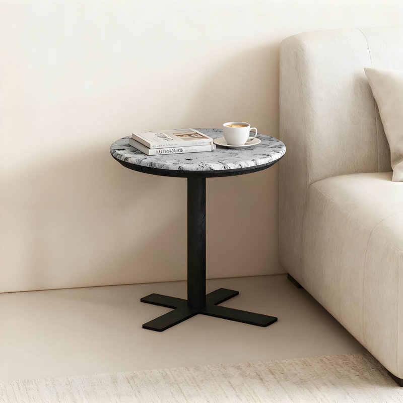 Table de bout ronde moderne 19,7 po avec plateau en pierre frittée et base en acier inoxydable, table d'appoint décorative pour salon, bureau personnel, appartement, bleu et noir