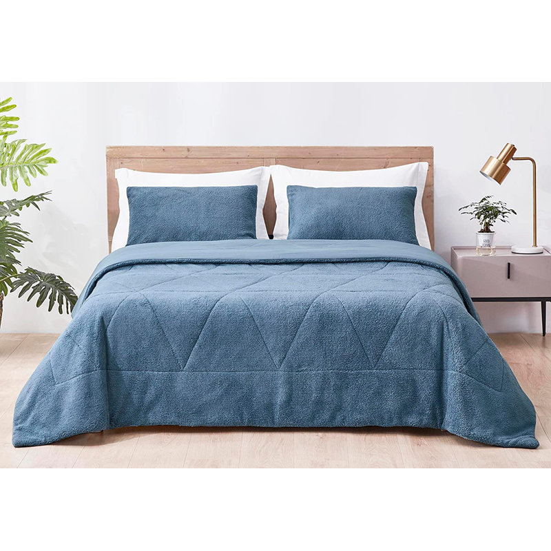 Zane Sherpa Reversible Microfiber Comforter Set, Blue, Full Comforter + 2 Standard Shams
