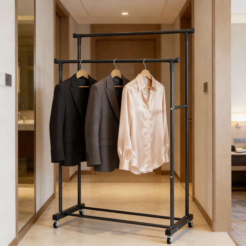 Double Rod Rolling Garment Rack With Storage Shelf, Sturdy Metal Clothes Organizer With Wheels For Bedroom, Living Room, And Apartment