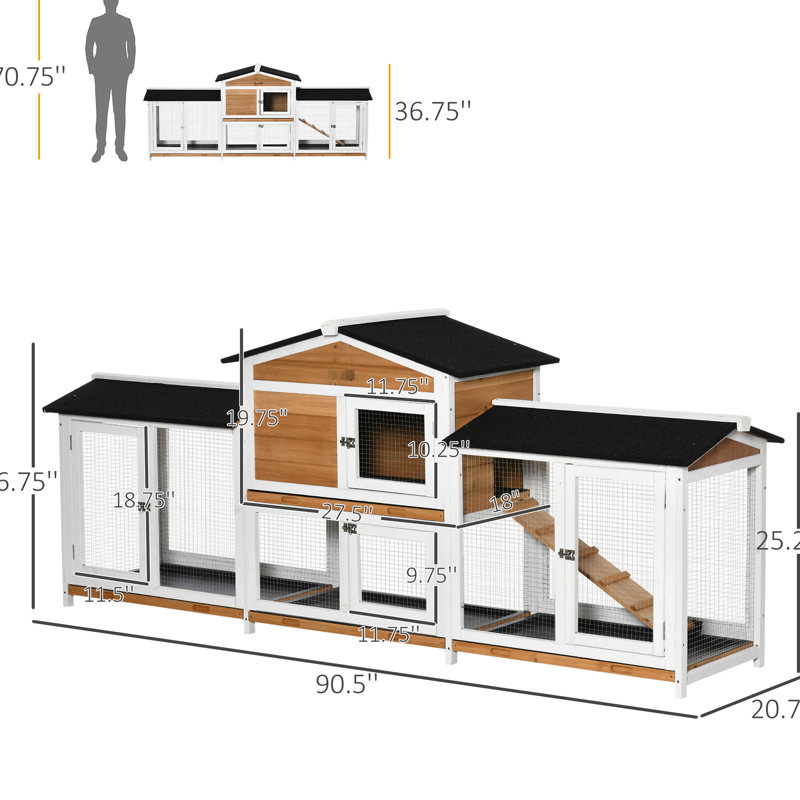 Maison pour lapins en bois 90,5 po avec zones à double couloir, plateau nettoyable et rampe d'alimentation sans effort, deux espaces blancs, rampe de couchage lisse sans déversement