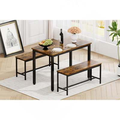 Dining Table Set, Bar Table With 2 Dining Benches, Kitchen Table Counter With Chairs, Industrial For Kitchen Breakfast Table, Living Room, Party Room, Rustic Brown And Black,43.3?L X23.6?W X 29.9?H