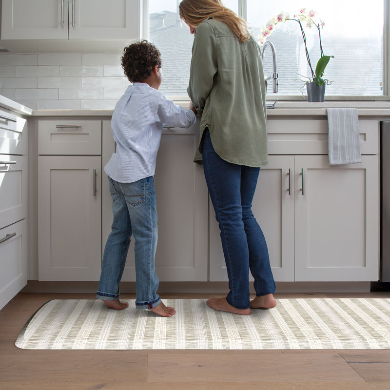 Tapis de cuisine anti-fatigue, motif de rayures en lin grès brun clair, 30 po x 108 po, Tanné
