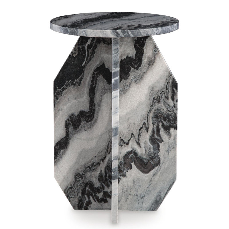 Table d'appoint Wira, plateau rond, base sculpturale, marbre blanc noir 23 pouces