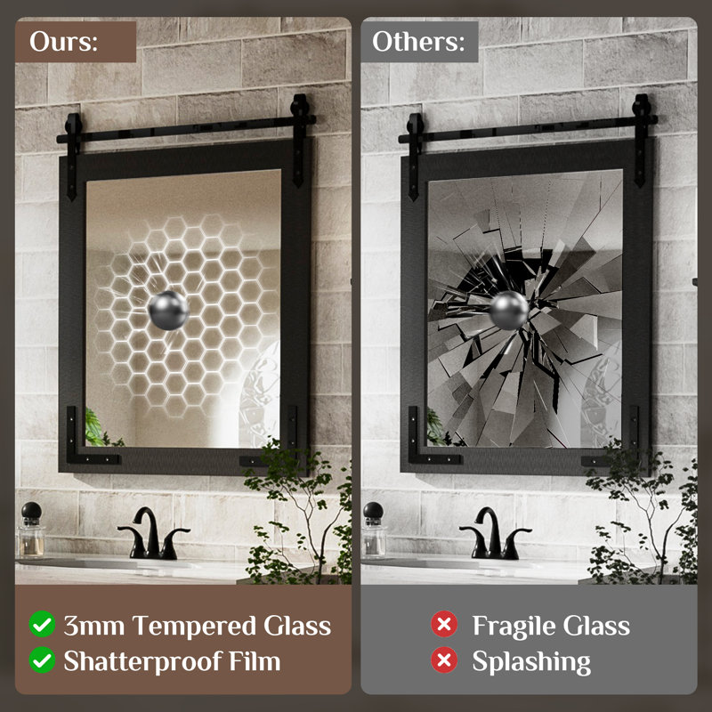 Miroir décoratif Brunilda Rustic Farmhouse, Noir, noir, noir, noir, 26 po x 40 po