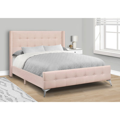 Lit plateforme élégant en velours rose avec tête de lit et rembourrage en mousse