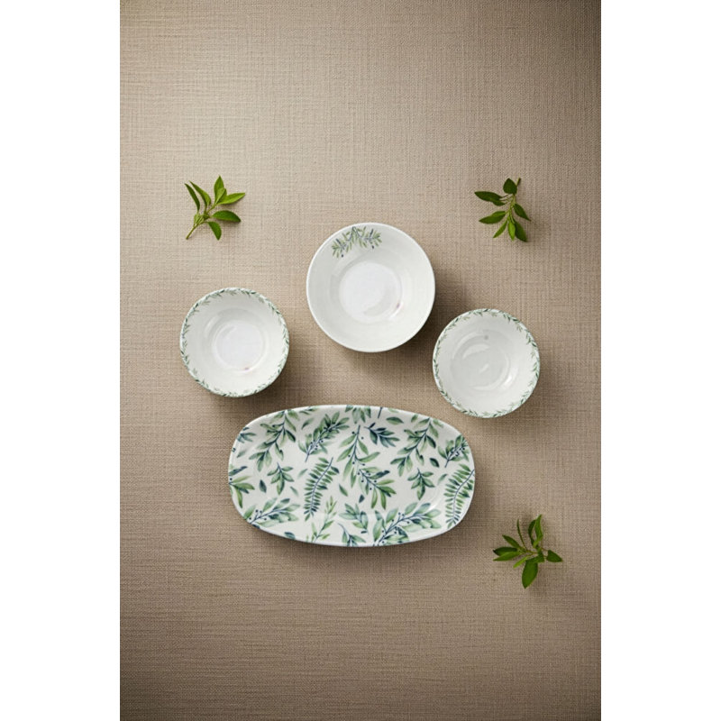 Ensemble de petit-déjeuner 14 pièces, 100% porcelaine, vert et blanc | Comprend 6 assiettes de service (6,0 po), 2 bols (5,1 x 5,1 x 1,6 po), 4 bols Joker (4,3 x 4,3 x 1,4 po), 2 plateaux (9,4 x 5,5 po) | Va au lave-vaisselle et au micro-ondes, conception élégante pour une utilisation quotidienne