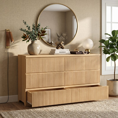 Armoire de rangement en bois à 6 tiroirs avec panneau de tiroir ondulé, finition naturelle, organisateur spacieux pour la chambre à coucher, le couloir et le salon