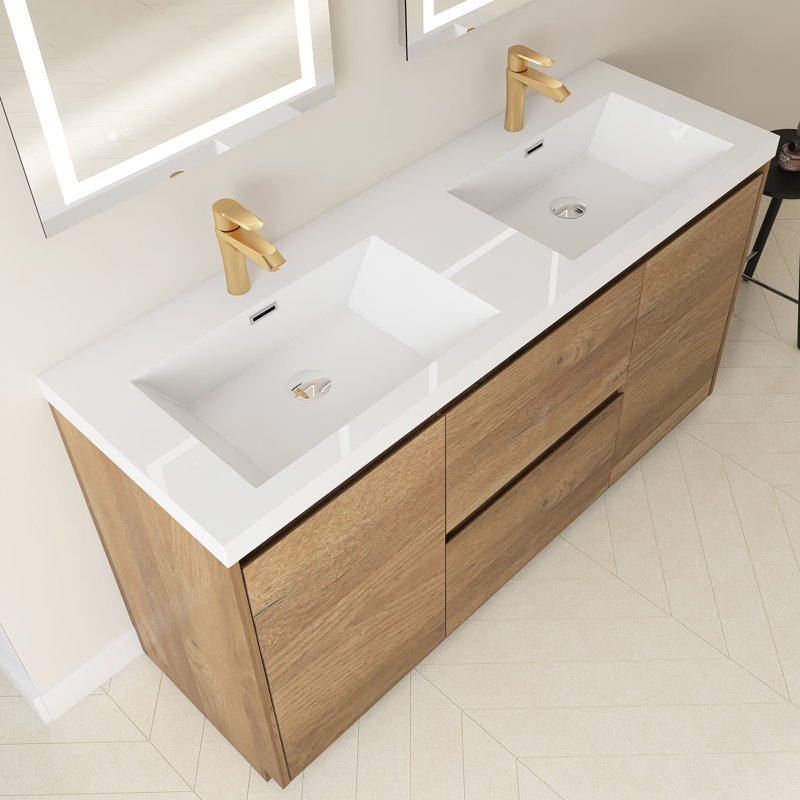 Ensemble de meuble-lavabo autoportant l 59 po x l 20 po x H 33 po brillant avec plateau en résine blanche, Chêne naturel