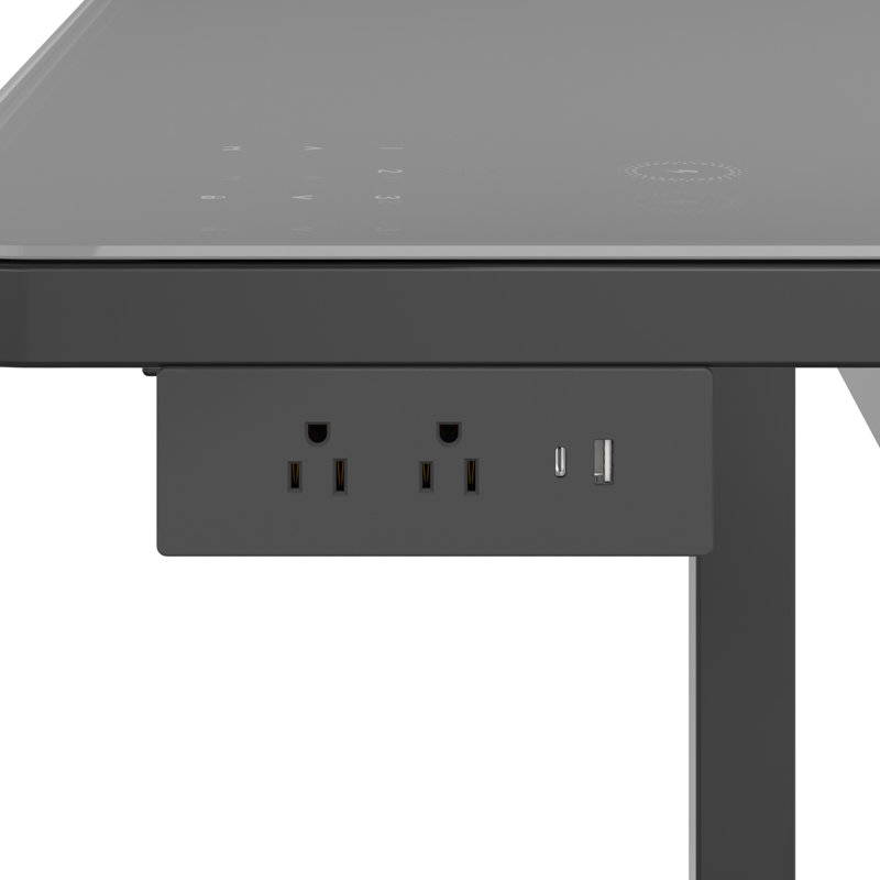 Khrystyne Adjustable Glass Top Metal Base Standing Desk with Power Outlet, Black