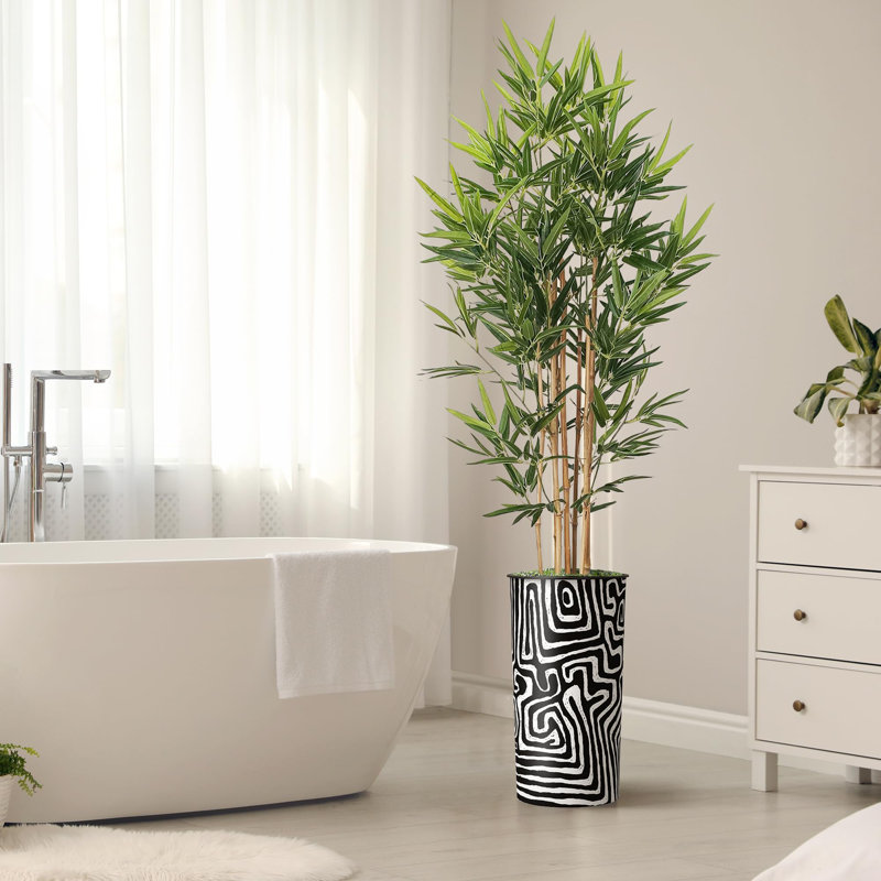 Artificial Tree in Geometric Pattern Planter Fake Bamboo Silk Tree (Plant Pot Plus Tree), Swirl Black