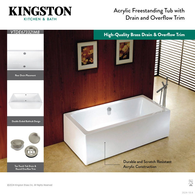 Kingston Brass Aqua Eden 67-Inch Acrylic Rectangular Double Ended Freestanding Tub with Overflow/Drain Assembly