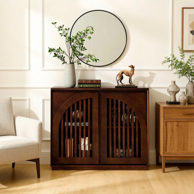 Arched Buffet Cabinet with 2 Outlet Holes, Sideboard Cabinet with Hallow Design for Living Room Entryway Hallway Kitchen Coffee Bar, Dark Walnut