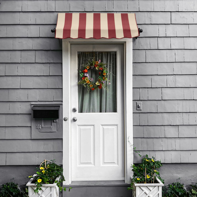 Awntech Charleston Acrylic Fabric Awning with Iron Scroll Arms, 44" H x 124.5" W x 36" D, Burgundy/Tan Stripe