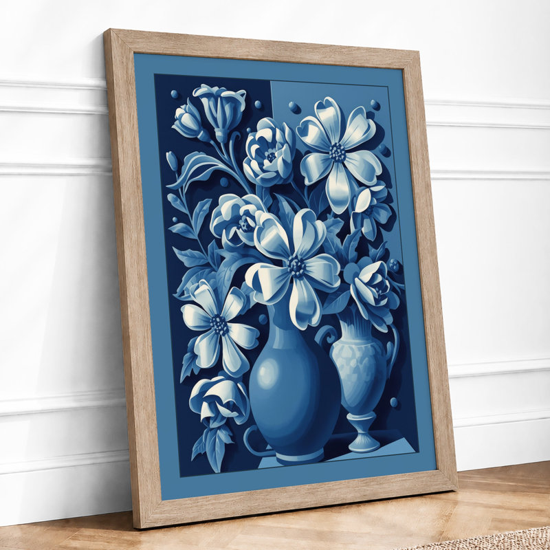 Blue Ceramic Blooms Botanical - Print, A2 - 59.4 x 42.0 cm, Oak