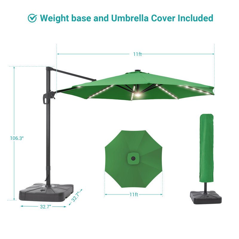 Parasol lumineux en porte-à-faux 11 pi avec base Ruark, Vert