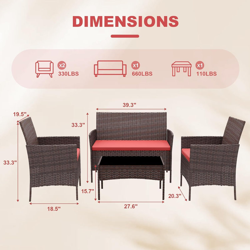 Ensemble de bar d'extérieur 4 pièces, causeuse en rotin, 2 chaises et table en verre, brun rouge, Rouge, Brun