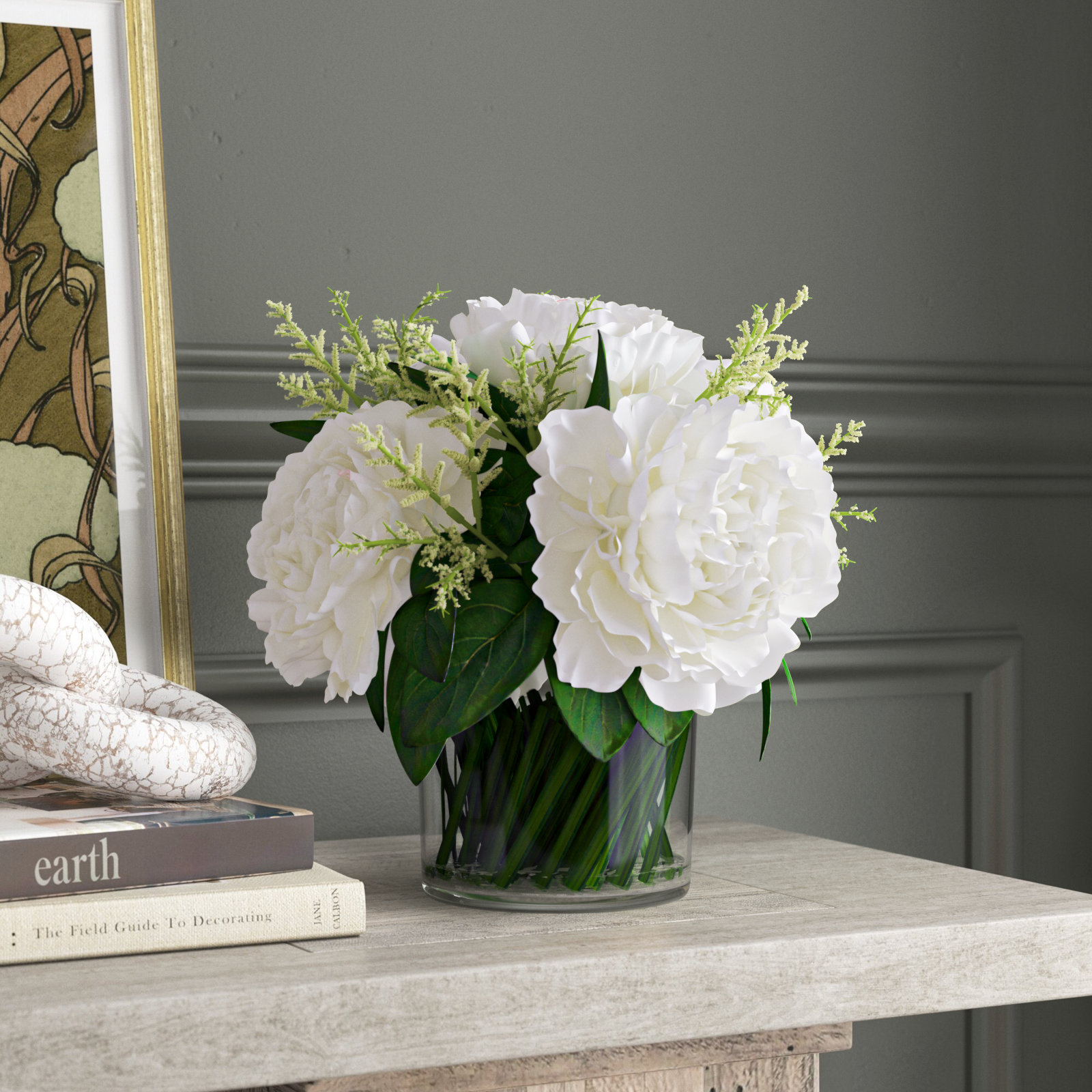 Ferdinand Peony Floral Arrangements in Vase, White/Sky Blue