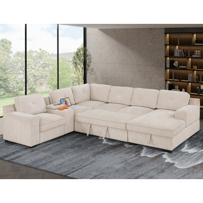 U-Shaped Upholstered Sectional with Sleeper Sofa, Console with USB & Chaise