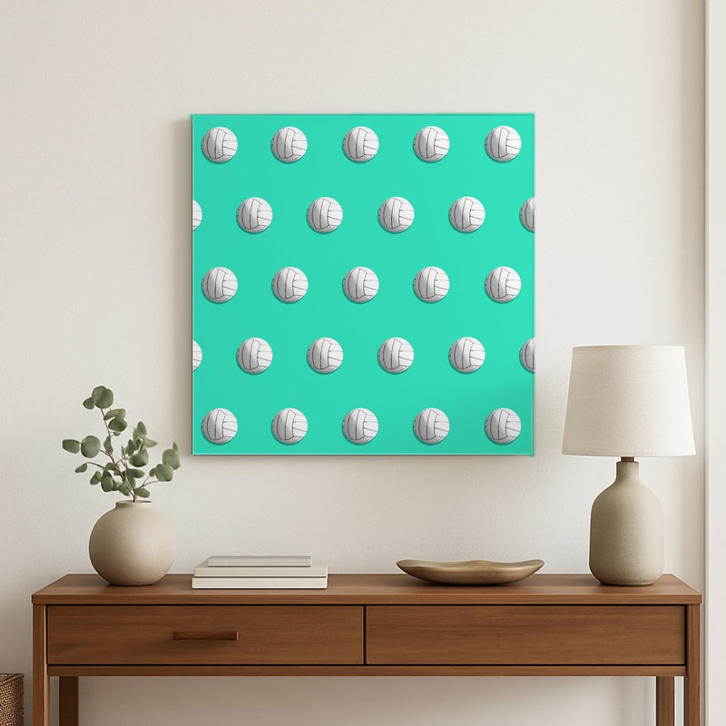 Motif de volley-ball sur fond turquoise — Décoration murale carrée en métal, 8" H x 8" W