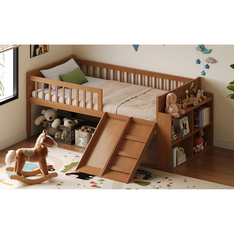 Structure de lit simple avec tablette de rangement, garde-corps plateforme, noyer, glissade et, sans sommier, guide d'assemblage inclus Démontage facile