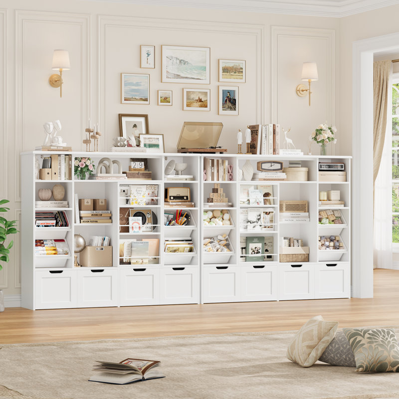 55.1"W Standard Bookcase With Sliding Bookshelf, 47.4"H Bookshelves With 4 Removable Drawers And Plastic Bins For Kids Room, Playroom, Kindergarten, White