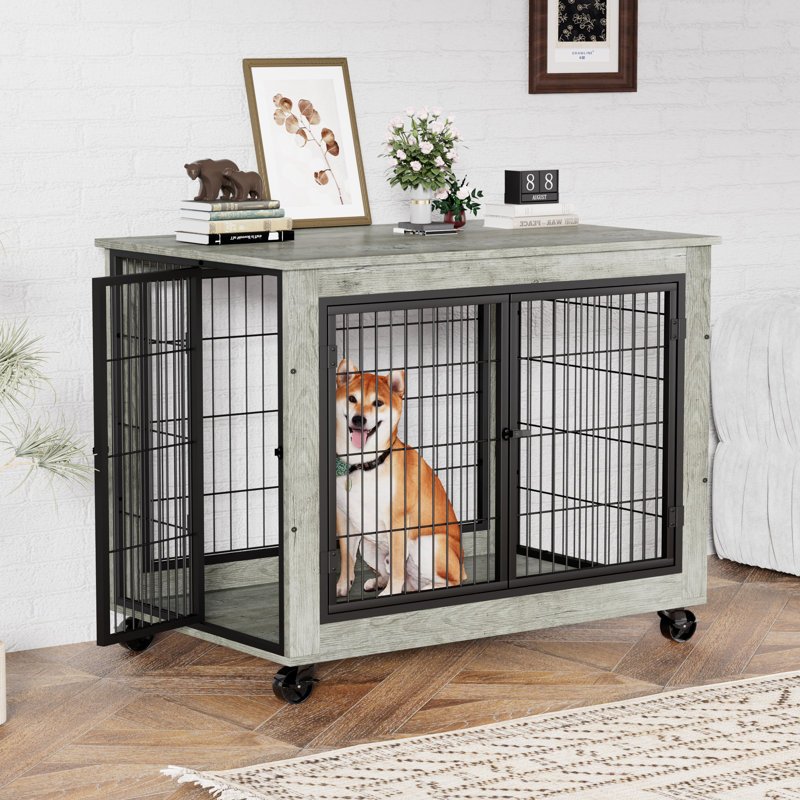 Grande cage pour chien de style meuble, table de bout pour chenil avec trois portes, H 31 po x l 44 po x P 30 po, Gris