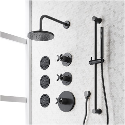 Vassor Thermostatic Shower System With 3 Body Sprays, Slide Bar and Hand Shower - Brushed Gold