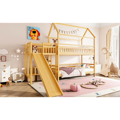 Lit superposé simple en forme de maison avec glissade, caractéristiques de conception multifonctionnelles, escalier de rangement et quincaillerie silencieuse pour l'espace, chambre à coucher à structure stable
