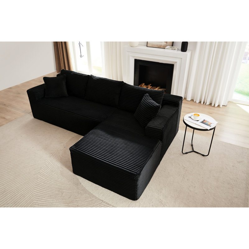 Velours côtelé noir, siège en forme de L, siège profond, sans assemblage, canapé-lit modulaire, durabilité, canapé-lit modulaire luxueux en forme de L, 4 lits pour salon, chambre à coucher, appartement, avec éponge et sommier