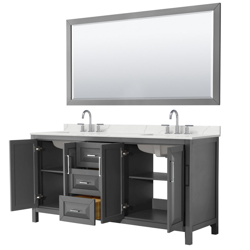 Daria 72 in. with Mirror Vanity, White Quartz, Gray, Polished Chrome