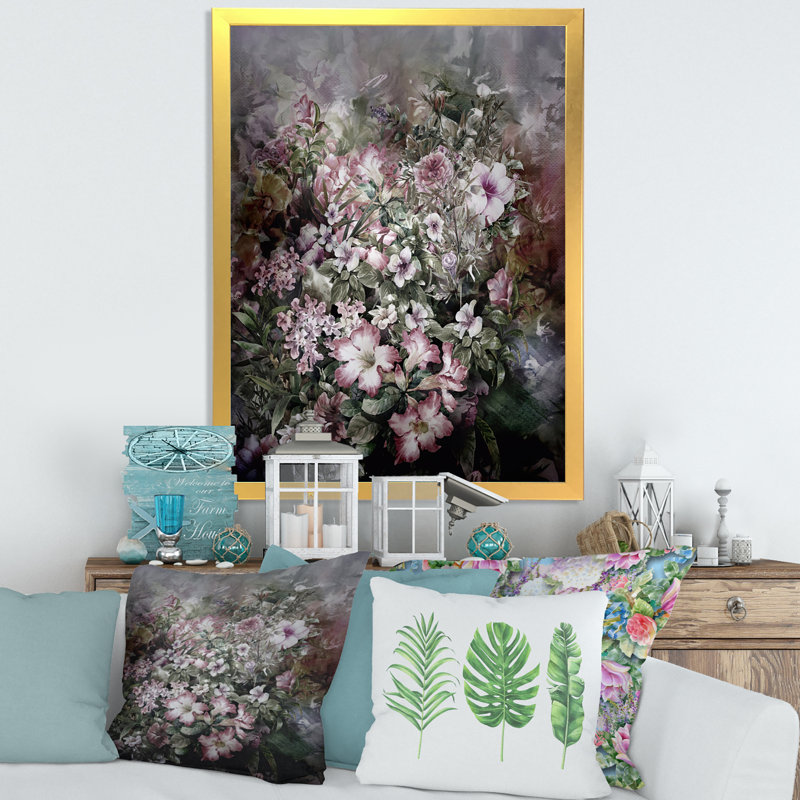 Dessin rétro de fleurs IV - reproduction d'art sur toile encadrée, H 20 po x l 12 po x p 1 po, Or